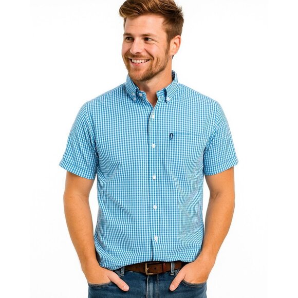 AFTCO Mens Button Down Shirt Lightweight Blue Check Short Sleeve Size S - Picture 1 of 10